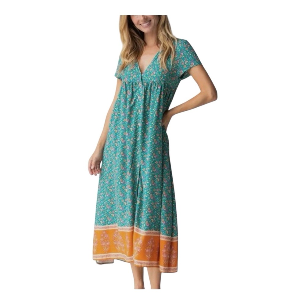 Natural Life Rebecca Midi Dress Womens L/XL Blue Floral Rayon Boho Cottagecore